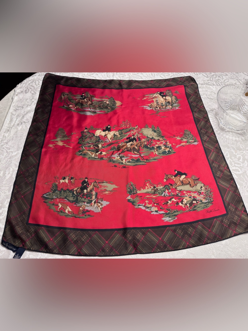 Vintage Ralph Lauren Silk Scarf Equestrian Horse Print Red